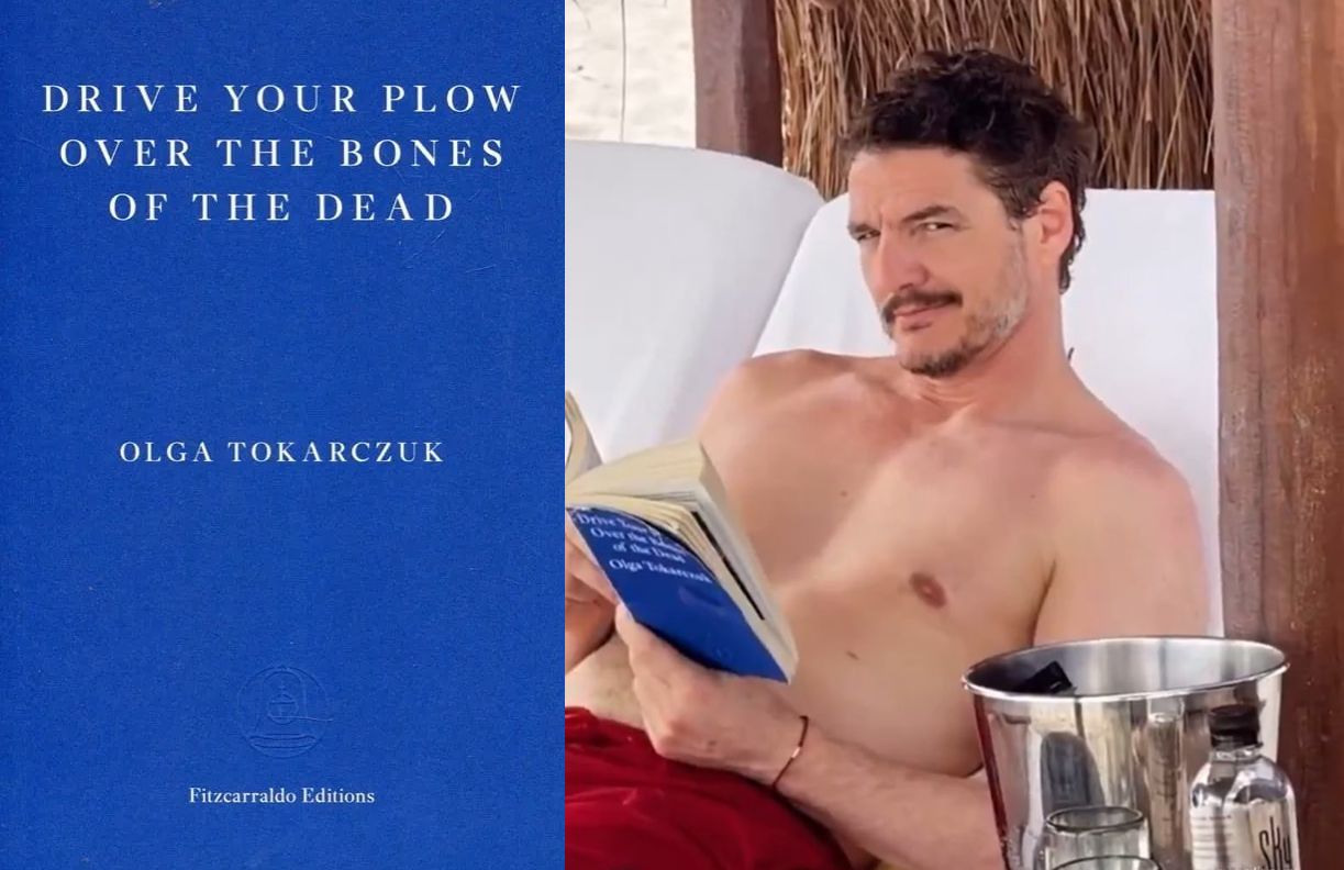 Pedro Pascal znów promuje Olgę Tokarczuk, tym razem prezentując się tylko w kąpielówkach!